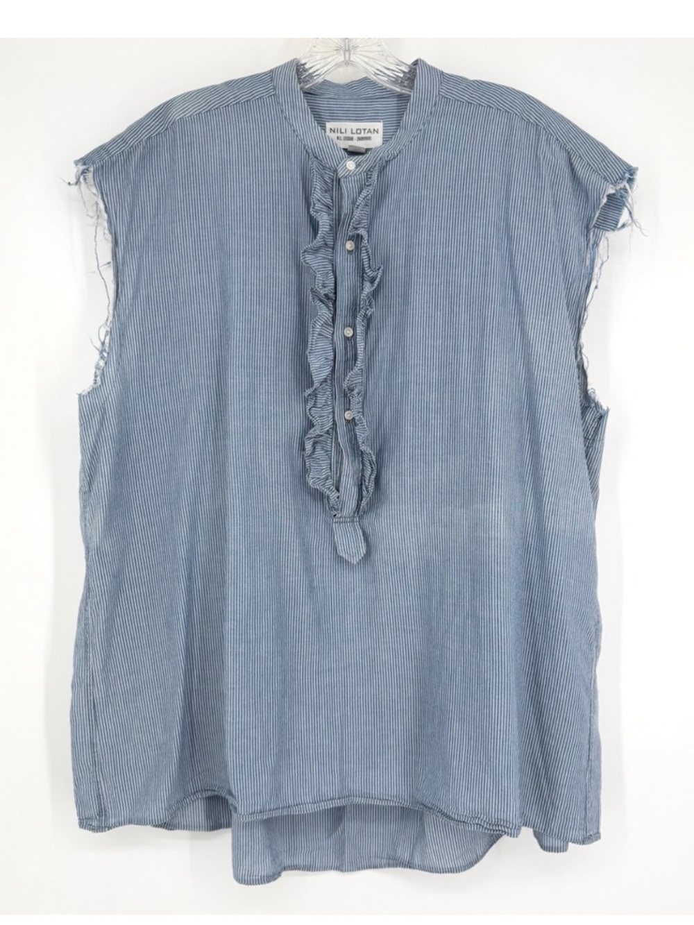 Nili Lotan Charlton Top Sleeveless Ruffle Blue White Pinstripe Distressed in XS